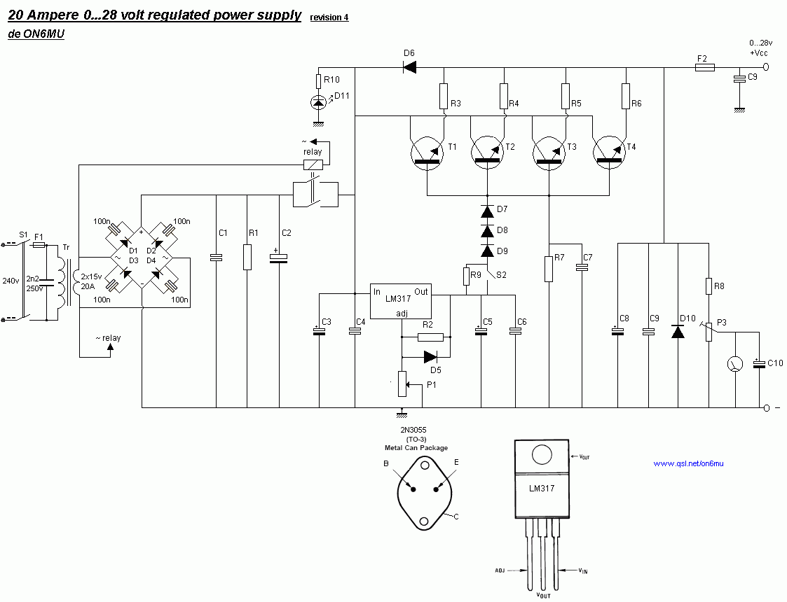 0-28V 20A Power Supply (LM317, 2N3055)