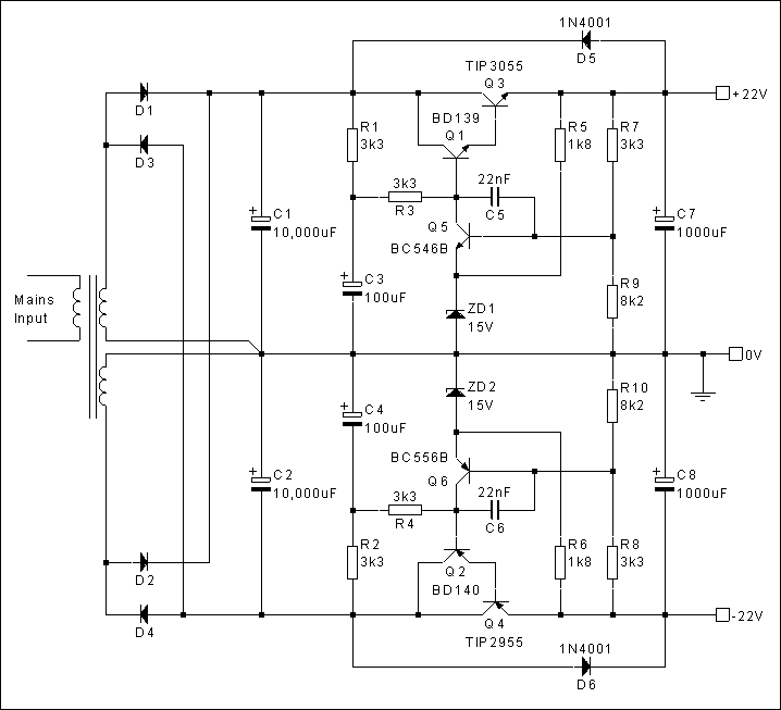 Simple +/- 22Voltage Regulator